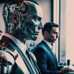 A business man working alongside an artificial intelligence cyborg in an office setting, depicting the future of work and the integration of AI in the workforce, generative ai