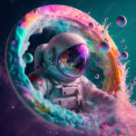 Beautiful painting of an astronaut in in a colorful bubbles galaxy on a different planet. Generative AI. Pop art concept