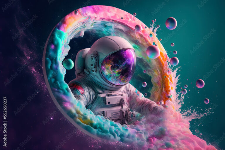 Beautiful painting of an astronaut in in a colorful bubbles galaxy on a different planet. Generative AI. Pop art concept