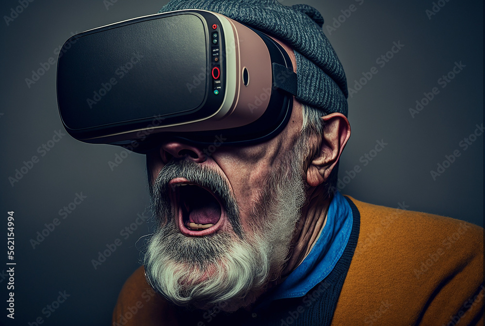 Generative AI elderly man yelling while experiencing virtual reality