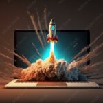 Launching Space Rocket From Laptop Screen. Generative AI