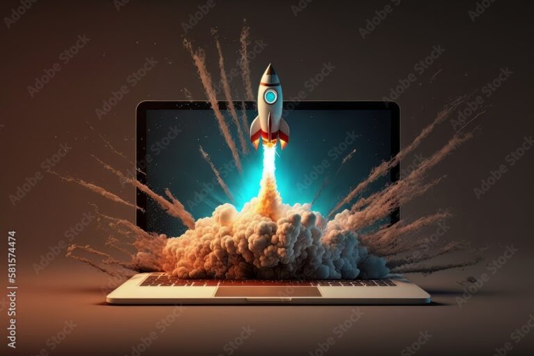 Launching Space Rocket From Laptop Screen. Generative AI