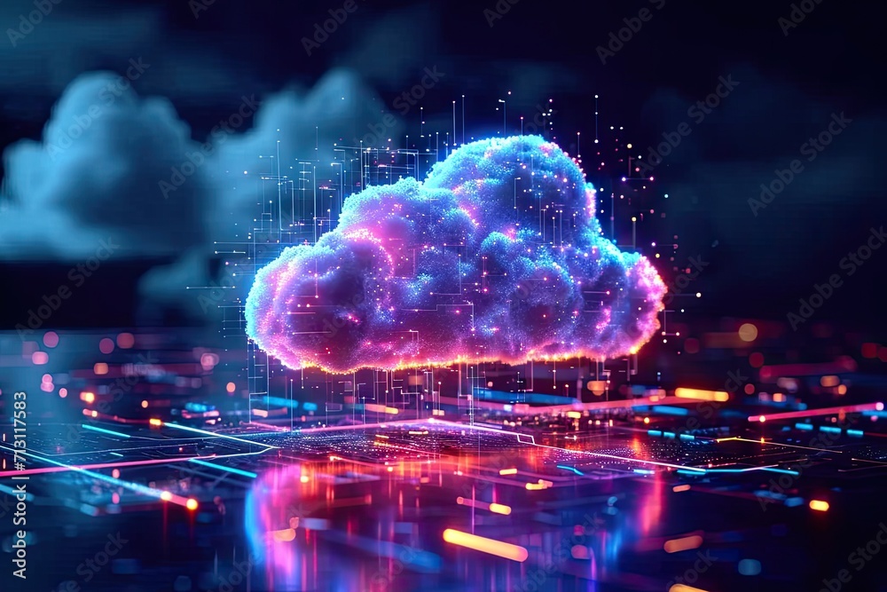 Technology networking and digital communication in business with cloud computing concept web storage for data global social media ai server online binary illustration background modern futuristic