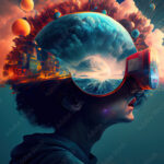 vr headset, double exposure, metaverse, futuristic virtual world, state of consciousness, technology